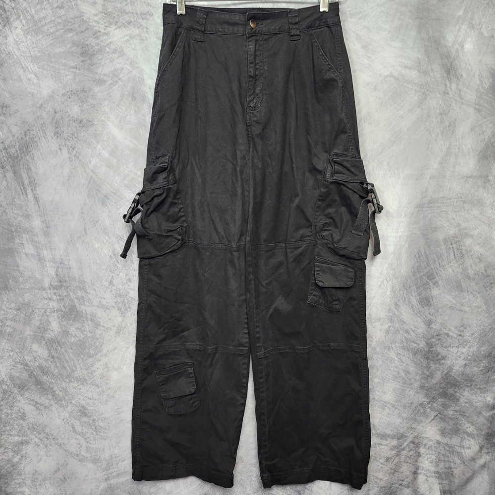Black Wide Leg Cargo Pants Buckle Strap Techwear Goth Skater Y2K Medium 28x30